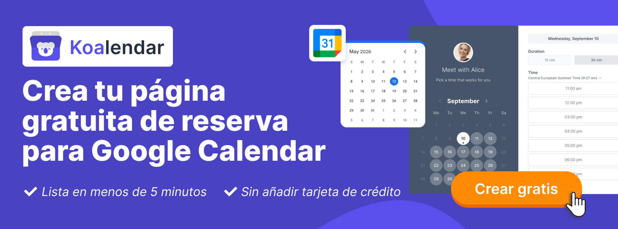 Página de reserva Koalendar para Google Meet